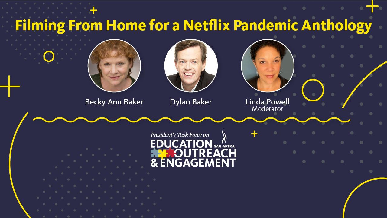 'Filmando desde casa para una antología pandémica de Netflix' en la parte superior en amarillo. Disparos a la cabeza de LR: Becky Ann, Dylan y Linda Powell.
