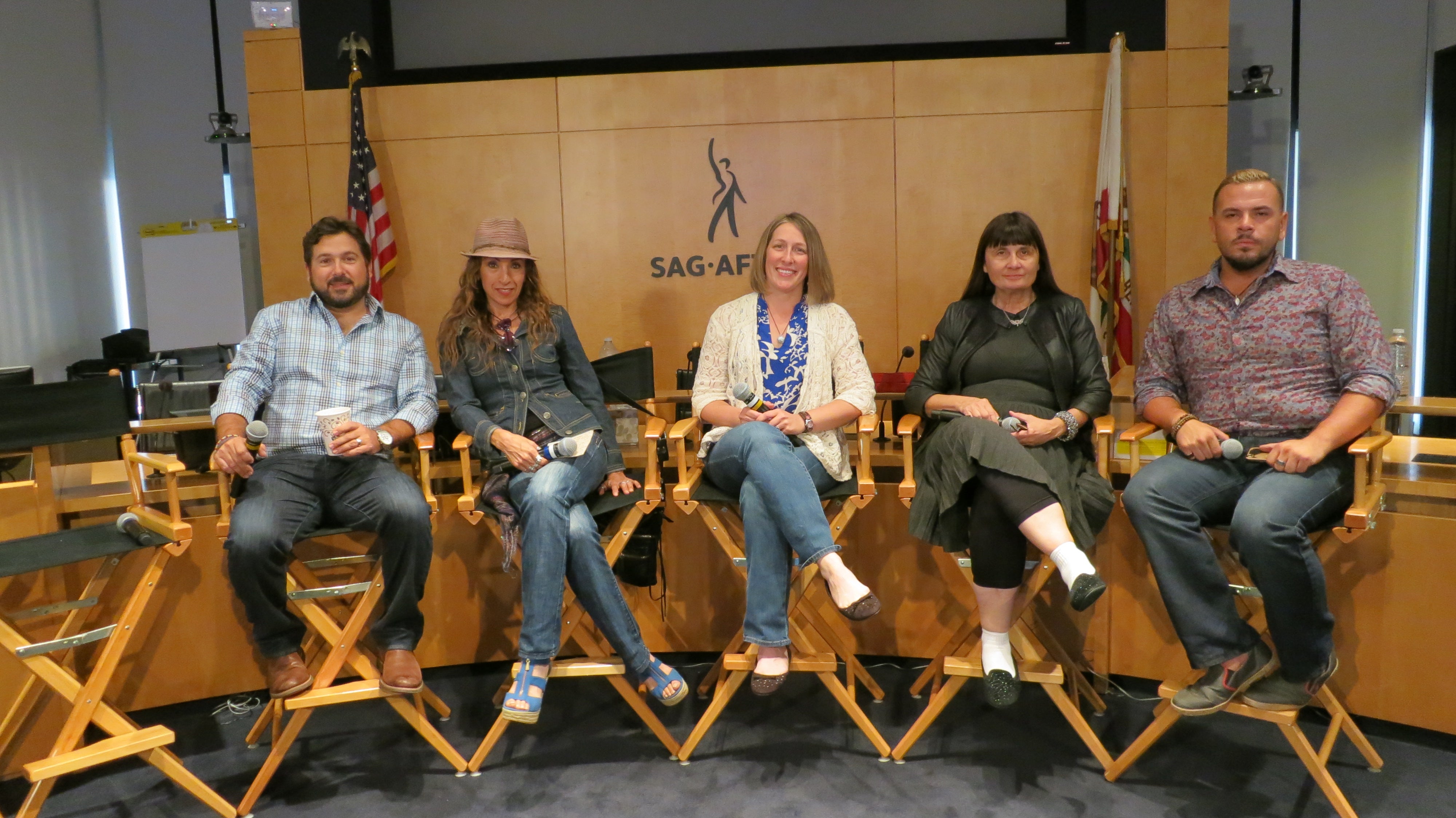 From left, Camera Ready panelists Assistant Director Erik J. Carpenter, Makeup Artist Cinzia Zanetti, Assistant Director Michelle Gritzer, Costumer Nancy Grossi and Hair Stylist Pavy Olivarez 