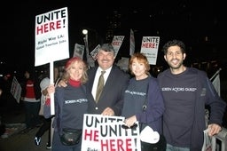  On his first official visit to Los Angeles, recently installed AFL-CIO President Richard Trumka, second from left, attends a rally  of union backers in support of hotel workers at the Hyatt Regency Century Plaza in Century City. SAG MOVE members Ellen Crawford, Jenny O’Hara and Assaf Cohen participated in the rally.