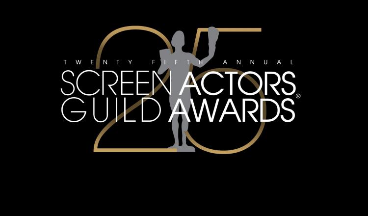 Texto de "Vigésimo quinto premio anual de Screen Actors Guild Awards" superpuesto a una silueta gris de Actor, superpuesta a un 25 dorado con un fondo negro