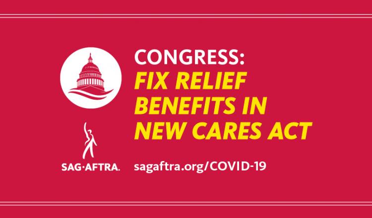 "Congreso: Reparar los beneficios de socorro en la ley New Cares" en amarillo con un fondo rojo y una silueta de capitor en blanco a la derecha