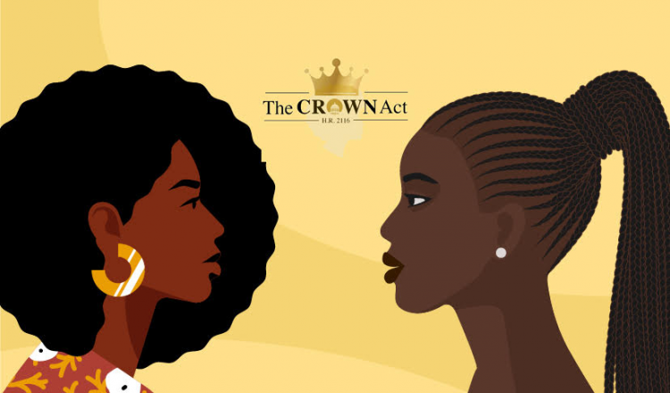 Dos mujeres de color con cabello estilo afro y cabello estilo laminado de maíz uno frente al otro con 'The Crown Act' en el medio