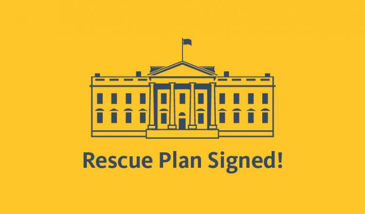 'Plan de Rescate Firmado' en azul junto a la imagen del captiol en azul sobre fondo amarillo.