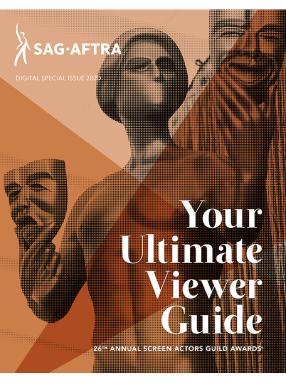 "Your Ultimate Viewer Guide" en blanco superpuesto a The Actor con un filtro naranja de 3 tonos.