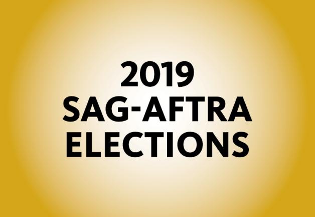 "Elecciones SAG-AFTRA 2019" en negro sobre fondo amarillo