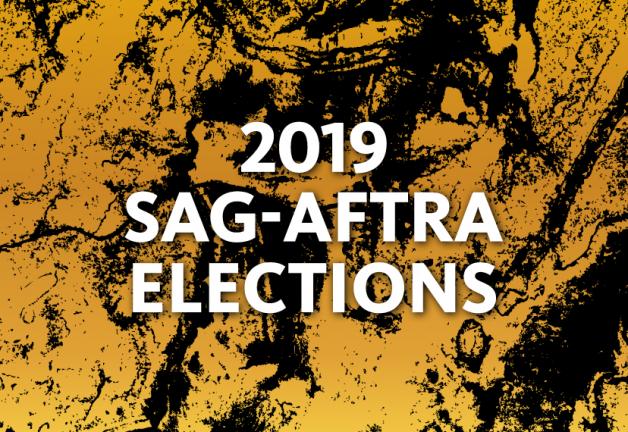 "Elecciones SAG-AFTRA 2019" en blanco sobre un fondo salpicado de pintura amarilla y negra