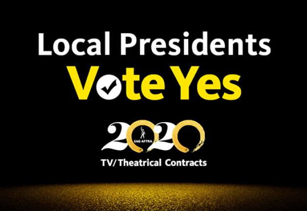 "Presidentes locales" en blanco en la Línea 1, "Vote Sí" en amarillo en la Línea 2 y el logo "2020 TV / Theatrical Contracts" debajo, todo centrado en un fondo negro con brillo dorado en la parte inferior.
