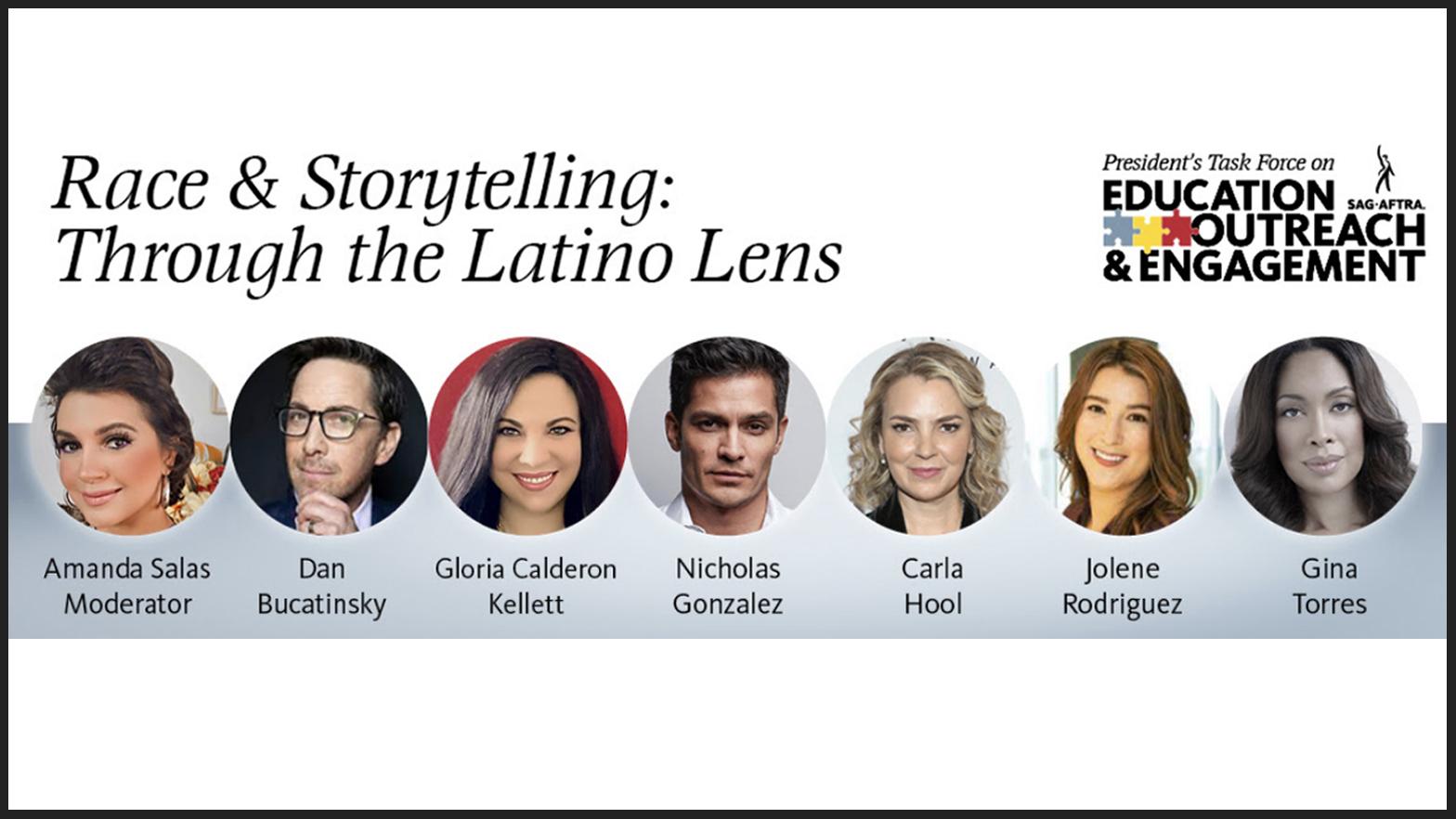 "Race & Storytelling: Through the Latino Lens" en la parte superior en negro. LR disparos a la cabeza de Salas, Bucatinsky, Calderon Kellet, Gonzalez, Hool, Rodriguez, Torres