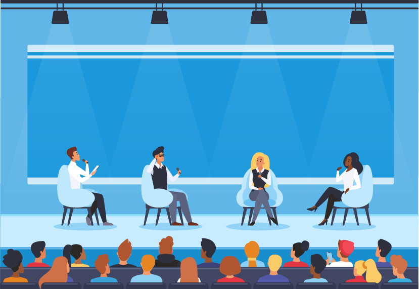 Illustrated audience looking at a stage with four individuals sitting and speaking in front of a blue background.