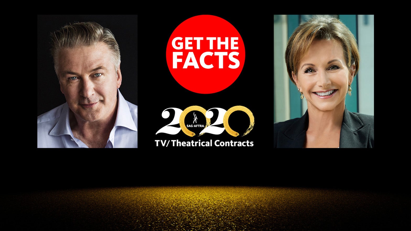 Baldwin on left, Carteris on right with "Get The Facts" in white font in red circle