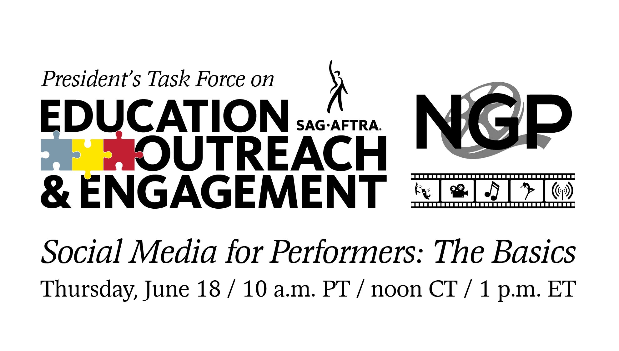 PTEOE Logo left with NGP logo on the right with "Social Media for Performers" in italics below