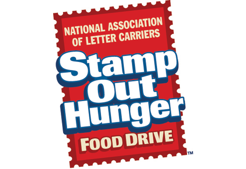 Red postage with "National Association of Letter Carriers Stamp Out Hunger Food Drive"