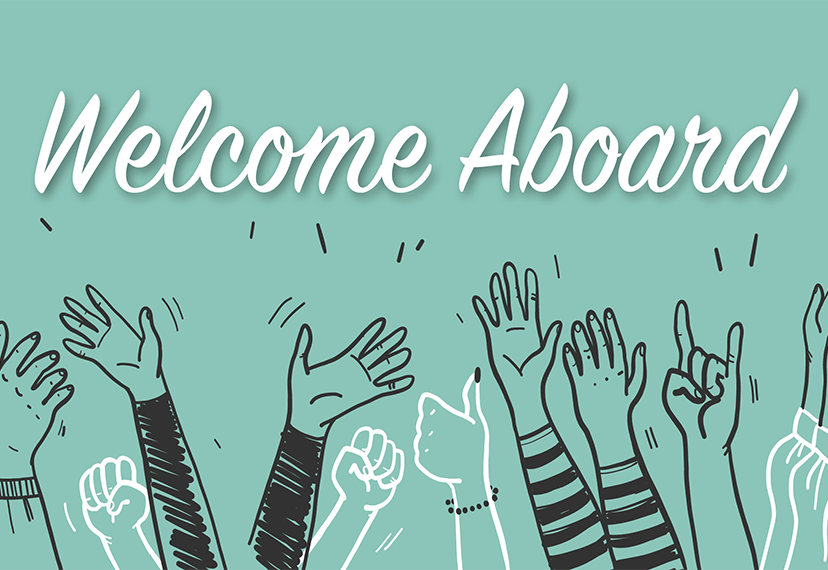Several hands in black and white with "Welcome Aboard" in white writing above it.