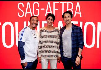 From left, SAG-AFTRA members Allen Maldonado, Sunita Mani and James Chen on Oct. 15. 