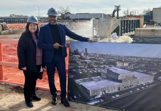 Executive Director, New York Local, Labor Policy & International Affairs Rebecca Damon, left, and New York Local President Ezra Knight in front of the East End Studios construction site.