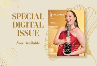 A banner-like image featuring Lily Gladstone (Native Am.). Gladstone wears a red dress and beaded earrings. Smiling widely, she holds a SAG Awards statuette with both hands.