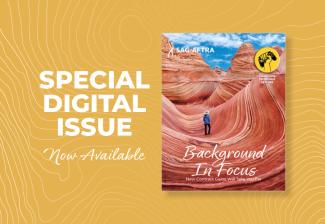 La portada de la edición de verano de 2024 de la revista 'SAG-AFTRA' muestra a una persona parada al aire libre en medio de una colorida formación rocosa sobre un fondo amarillo mostaza con garabatos blancos.