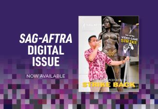 A banner of the fall/winter 2024 magazine. with the text "SAG-AFTRA Digital Issue" in white against a purple pixilated backdrop.