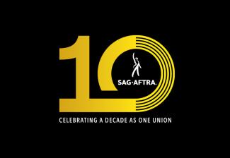 '10' in gold with the SAG-AFTRA logo in the middle of the 10 on an all black background. 'Celebrating a decade as one union' in white below the 10.