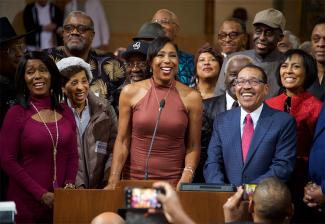 Dawnn Lewis reflects on her experience in the industry and as a trailblazer at the Blacks in Cinema exhibit and presentation, alongside L.A. City Council President Herb Wesson at Los Angeles City Hall on Feb. 5.