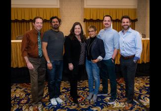SAG-AFTRA Executive Vice President and New Innovation and Technology Committee Chair Rebecca Damon and President Gabrielle Carteris, center, with Committee members, from left, Randal Berger, Dileep Rao, Nick Fondulis and Ben Whitehair.