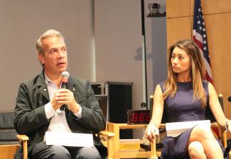 Oswaldo Borraez from Univision and Rita Garcia from Fox participate on the television panel during the Sept. 15 mentoring event.