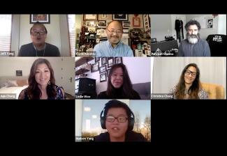Panelists from the PTEOE Race & Storytelling: Asian American Voices. Top row, from left: They Call Us Bruce podcast co-host Jeff Yang; SAG-AFTRA National Vice President, Los Angeles, Clyde Kusatsu; and member Parvesh Cheena; second row, from left: broadca