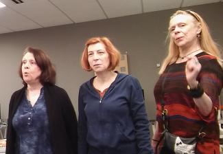 From left, Singers Committee members Barbara Ann Martin, Sandee Greene and Suzy Petri rehearse at the Kaufherr Center on May 13.