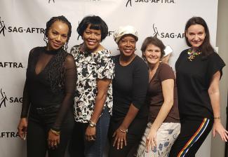 From left, members La’Shawn Hazelwood, Cynthia Abernathy, Audrey Allen, Amy Johnson and SAG-AFTRA Foundation’s Rochelle Rose are all smiles after the Foundation’s voiceover event on June 9 in Chicago. Photo by Audrey Allen
