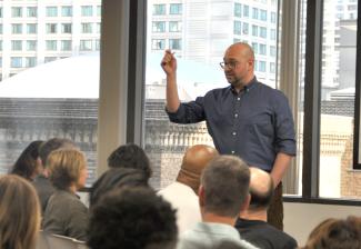Matt Miller preps the audience for mock commercials callbacks.