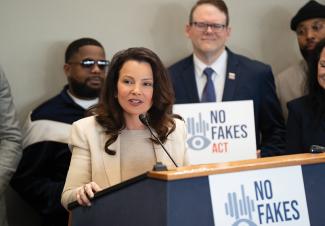 SAG-AFTRA President Fran Drescher speaks at an April 9 Washington, D.C., press conference announcing the reintroduction of the NO FAKES Act in the Senate. 
