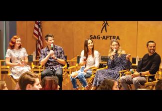 From left, influencer and panel moderator Alicia Malone, series creator James Lafferty, cast member Alexandra Park, executive producer Michelle Lang and series creator Stephen Colletti share the ups and downs of self-producing a comedy series.
