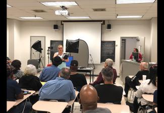 Sharon Garrison discusses self-taping at the April 23 workshop. 