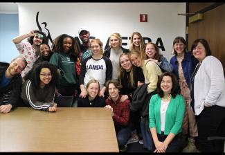 SAG-AFTRA Vice President, Mid-Sized Locals Michele Proude and New England Local Director of Contracts and Member Services Jessica Maher with Emerson College students.