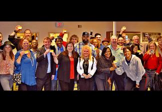 Michigan Local members and Executive Vice President Rebecca Damon on April 30. (Photo by Tom Simpson)