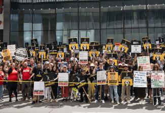 SAG-AFTRA and WGA members and supporters from unions in and around New York City rally outside Amazon and HBO offices in Hudson Yards.