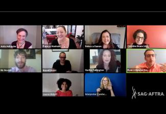 Panelists at the PTEOE's 'Performers with Disability: Inclusion, Authenticity & Allyship' live stream on July 28: top row from left, SAG-AFTRA Performers With Disabilities Chair Anita Hollander ; SAG-AFTRA Secretary-Treasurer Camryn Manheim; Executive Vic
