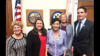 From left, SAG-AFTRA members Sandra Karas, secretary-treasurer of AEA; Executive Vice President Rebecca Damon; Rep. Judy Chu; National Board member Stacey Travis; and David Dastmalchian.