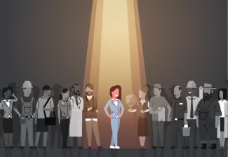 Personas ilustradas de múltiples profesiones en tonos de gris con un foco amarillo centrado en una mujer en una suite azul claro.