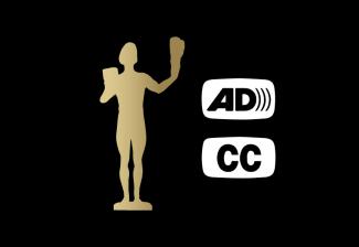 Against a black background is a gold SAG Award Actor statuette alongside logos for audio description and closed captioning