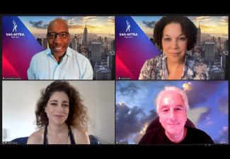 Clockwise from top left, SAG-AFTRA New York Local President Ezra Knight, New York Local Vice President and New York Local MORE Committee Chair Linda Powell, and New York Local Board and MORE Committee members Marc Baron and Sarah Seeds. 