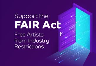 'Support the FAIR Act Free Artists from Industry Restrictions' in white with a purple door with digital data flowing through.