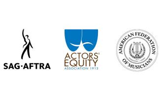 Logotipos de SAG-AFTRA, Actors Equity Association y American Federation of Musicians alineados horizontalmente sobre un fondo blanco