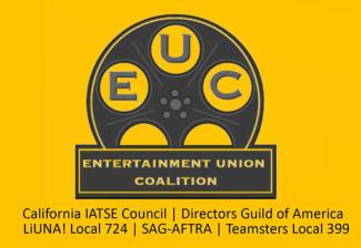 'Entertainment Union Coalition' in film reel with 'California IATSE Council | Directors Guild of America' below on line 2 and 'LiUNA! Local 724 | SAG-AFTRA  | Teamsters Local 399' on line 3.
