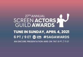 '27th Annual Screen Actors Guild Awards' in white with a gradient background from pink to purple