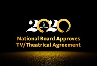 White 2's with gold brush stroke 0's and "National Board Approves TV/Theatrical Contracts" centered on 2 lines in gold with gold dust fading out