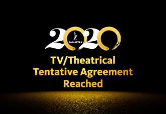 2020 with white 2's and gold brush stroked 0's on a black background. "TV/Theatrical Tentaive AGreement Reached" in gold and gold dust under. 