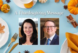 "A Thanksgiving Message" with headshots of Fran and Duncan