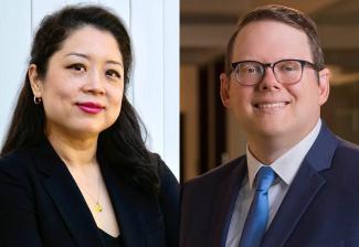 Una foto doble de Daisy Wu y Duncan Crabtree-Ireland. Wu lleva un blazer y una blusa negros, lápiz labial rosa, joyas doradas, pequeños aros y un collar.