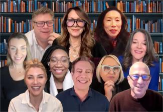 A collage of the 10 speakers against a backdrop of bookshelves.